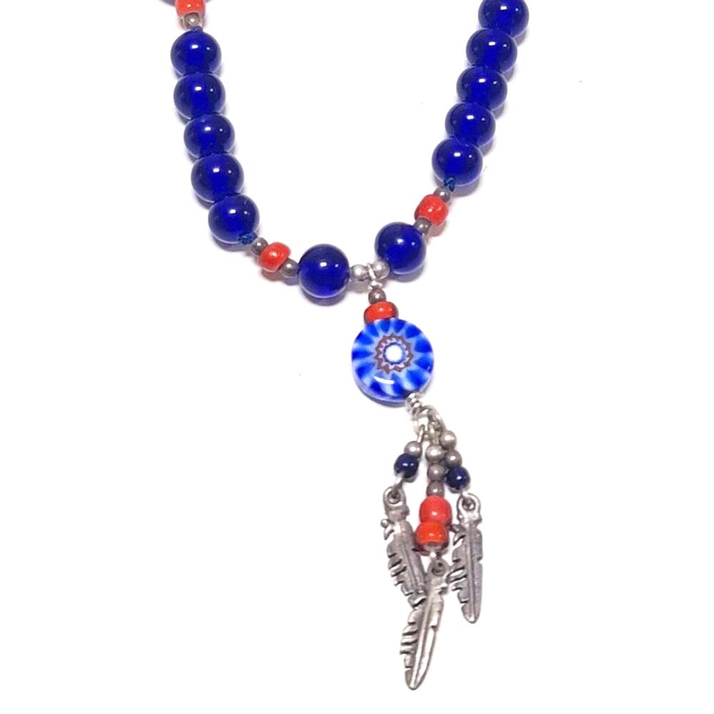 VINTAGE 90s‎ Sterling Silver & Blue Glass Boho Beaded Necklace